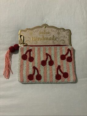 Pink and White Striped Beaded Pouch with Cherries- India Handmade 
🍒 NWT